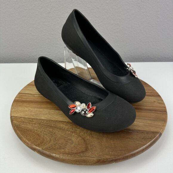 CROCS Slip On Black Fleece Lined Ballet Flats Gem JIBBITZ Clip On Womens 7 Bling - Picture 1 of 7